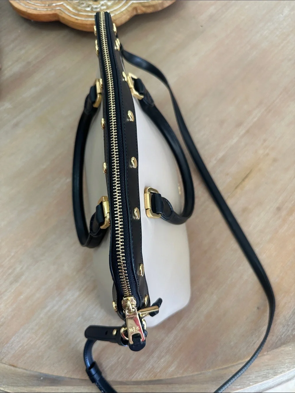 Ralph Lauren Beige and Black Leather Satchel with Gold Hardware